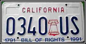 Beschreibung: The very rare Bill of Rights plate, the first graphic issued by California, to celebrate the 200th anniversary of the US Bill of Rights. Approximately 900 of these plates were issued between 1990 and 1991, existing plates are still valid.